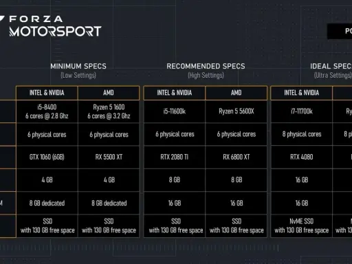 Tabela wymagań sprzętowych Forza Motorsport: minimum, rekomendowane i idealne ustawienia dla kart Intel/Nvidia i AMD.