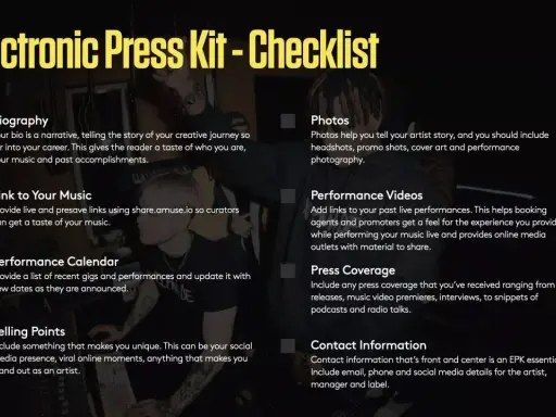 Checklist pour un dossier de presse artiste exemple : biographie, musique, photos, vidéos, agenda, presse, contacts.