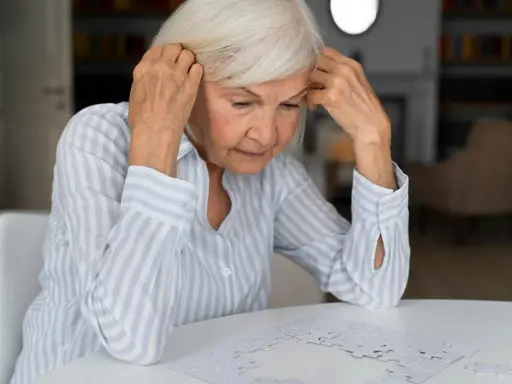Starsza kobieta z problemami z pamięcią próbuje ułożyć puzzle, zdezorientowana.