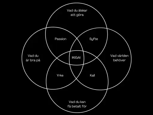 Diagrammet visar Ikigai, en japansk modell för att finna mening. Det hjälper till att uppnå högre medvetenhet genom att kombinera passion, yrke, kall och vad världen behöver.