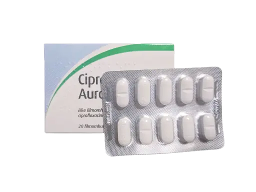 En förpackning med ciprofloxacin-tabletter och en blisterförpackning med vita tabletter, liknande Alvedon.