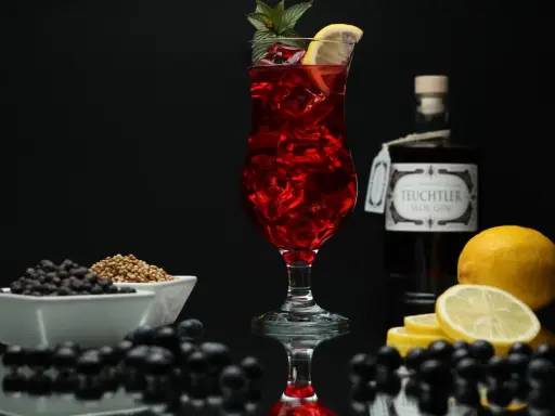 Ein erfrischender Sloe Gin Fizz mit Zitrone und Minze, umgeben von Schlehen und Wacholderbeeren.