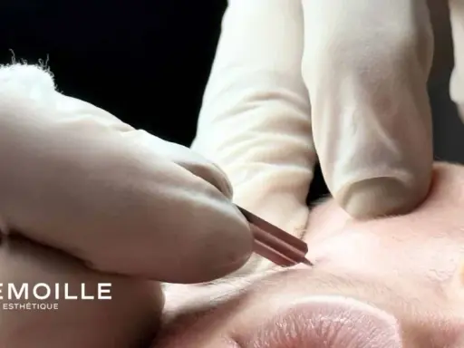 Gants blancs et outil fin pour l'extraction de gros points noirs sur le nez. Soin esthétique précis.