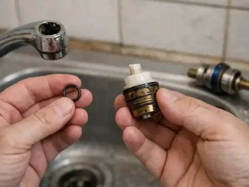 Mains d'un plombier tenant un joint torique et une cartouche de robinet, prêt à réparer un robinet qui goutte.