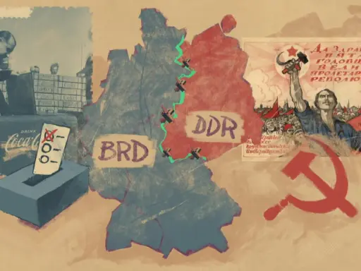 Die Teilung Deutschlands und Symbole des Kalten Krieges: BRD und DDR, sowjetische Propaganda und Coca-Cola-Lieferungen.