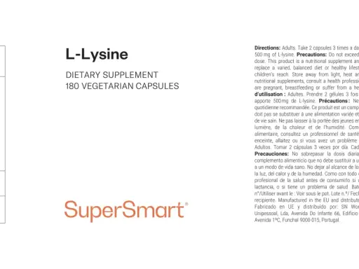 Complément alimentaire L-Lysine, 180 gélules végétariennes. Chaque gélule apporte 500 mg de L-lysine.