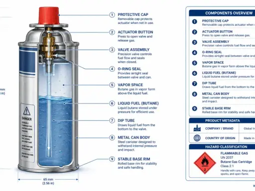 Diagrama de un cartucho de gas butano, mostrando sus componentes internos y externos. Explica los tipos de reguladores y su funcionamiento.