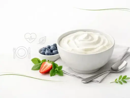 Czy skyr jest zdrowy? Kremowy jogurt, jagody, truskawka i mięta na białym tle. Obok ikony serca i talerza.