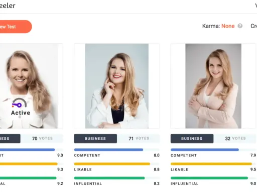 Trzy kobiety w biznesowych stylizacjach, oceniane na Photofeeler. Pierwsza z nich ma "zajebiste profilowe" i wynik 9.3 w kategorii "Likable".
