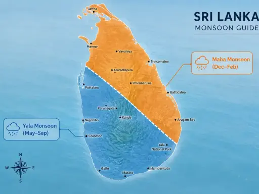 Mapa Sri Lanki z podziałem na Yala Monsoon (maj-wrzesień) i Maha Monsoon (grudzień-luty). Pogoda we wrześniu na Sri Lance jest deszczowa na południu i zachodzie.
