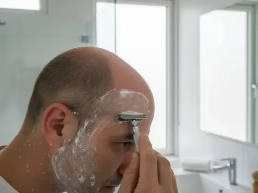 Mann rasiert sich die Glatze mit einem Rasierhobel und Rasierschaum im Badezimmer.