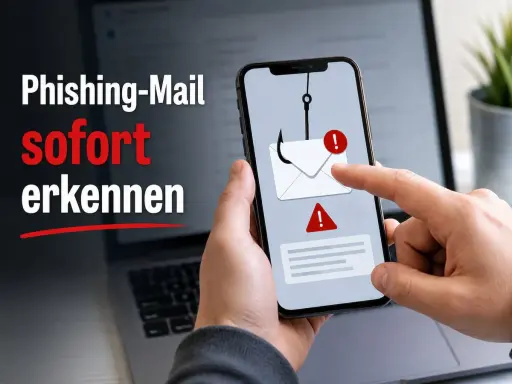 Smartphone zeigt eine Phishing-Mail mit Haken und Warnsymbolen. So erkennst du den Unterschied zwischen Spam und Phishing.