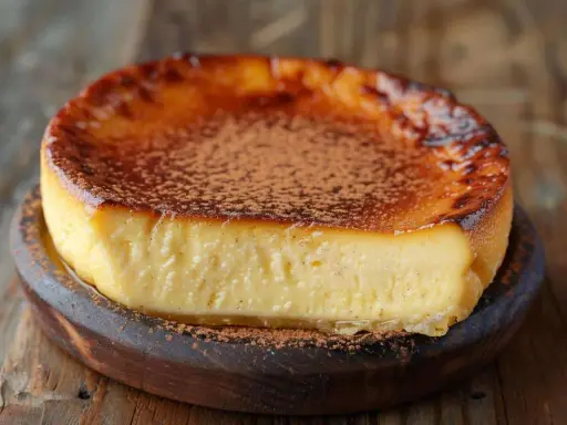 Un délicieux flan sans pâte, saupoudré de cacao, sur un plat en bois. Parfait pour une recette facile et gourmande.