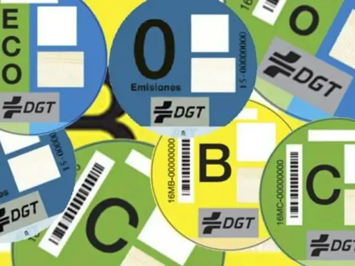 Varias etiquetas DGT circulares de diferentes colores (azul, verde, amarillo) con letras (ECO, 0, B, C) y códigos de barras, indicando la clasificación ambiental de vehículos.