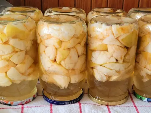Słoiki wypełnione kawałkami jabłek, gotowe na pyszny kompot z jabłek.