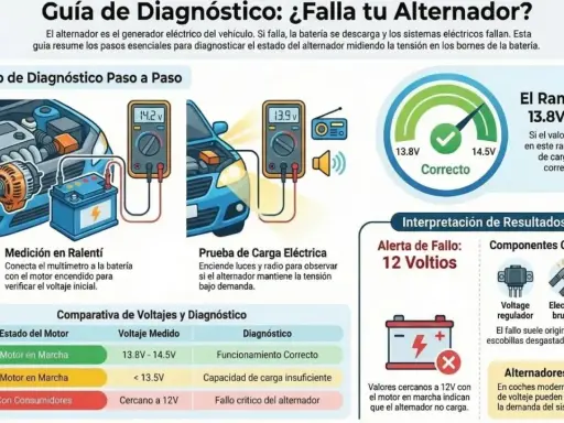 Guía para diagnosticar por qué se daña el alternador: mide el voltaje del coche en ralentí y bajo carga para detectar fallos.
