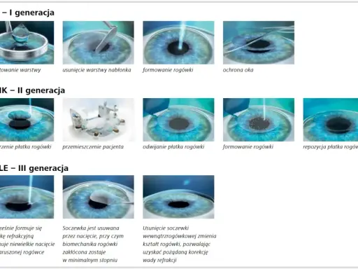 Ilustracje pokazują metody korekcji wzroku: PRK, LASIK, SMILE. Pytanie, czy wada wzroku minus może się cofnąć, jest kluczowe dla wyboru metody.