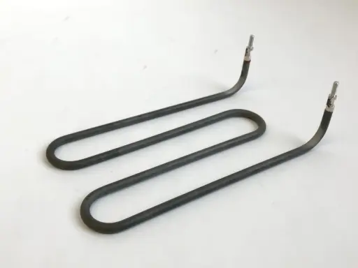 Un élément chauffant en forme de U, un **résistance tube** gris, avec des connecteurs métalliques aux extrémités, sur fond blanc.