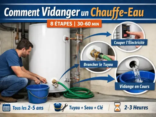 Un homme raccorde un tuyau à un chauffe-eau pour le vider. Les étapes incluent couper l'électricité, brancher le tuyau et la vidange en cours.