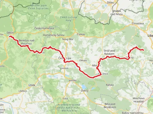 Mapa z trasami rowerowymi w Czechach, od Děčína przez Czeską Szwajcarię i Kokořínsko.