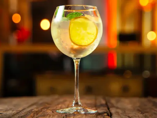 Erfrischender Martini Bianco Spritz mit Zitrone und Minze auf einem Holztisch, im Hintergrund unscharfe Lichter.