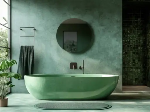 Un rilassante bagno verde con vasca ovale, piante rigogliose e una grande finestra che si affaccia sul verde.