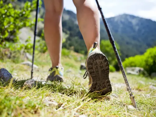 Nogi w butach trekkingowych i kijki wspierają chodzenie po górskim szlaku.