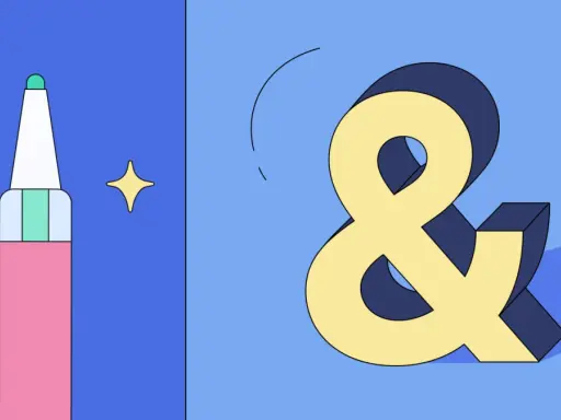 Różowy pisak i żółty znak ampersand (&) na niebieskim tle.