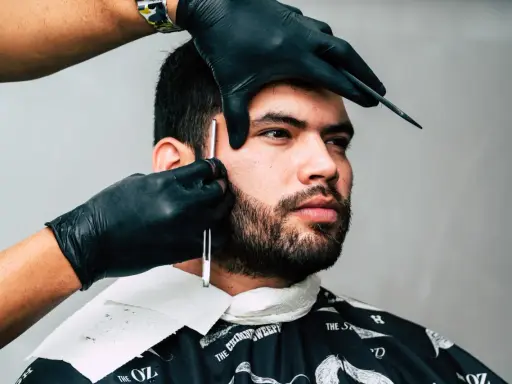 Barber precyzyjnie goli zarost brody ostrym narzędziem.