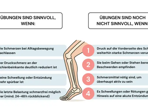Grafik zeigt ein Bein und listet auf, wann Übungen bei verklebten Faszien in den Beinen sinnvoll sind und wann nicht.