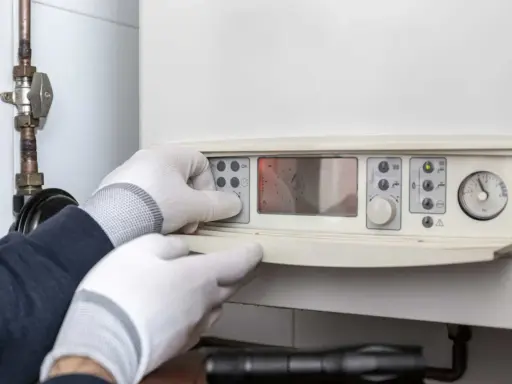 Mani guantate impostano un pannello di controllo, forse per capire la differenza tra caldaia e scaldabagno.