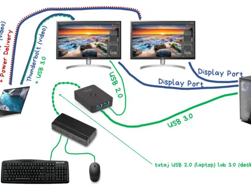 Schemat pokazuje, jak podłączyć komputer do laptopa, używając Thunderbolt, USB 3.0 i Display Port do podłączenia dwóch monitorów i peryferiów.