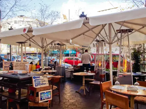 Terrasse d'un restaurant à Barcelone, avec des tables, des parasols, des chauffages d'extérieur et des panneaux indiquant des plats typiques espagnols.