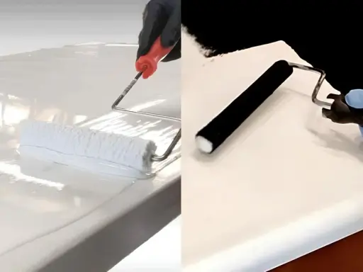Manos con guantes pintan una superficie lisa, demostrando que se puede pintar el mármol para renovar muebles.
