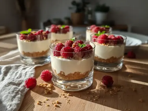 Fluffig cheesecake i glas med krossade digestivekex och färska hallon. En perfekt sommardessert!