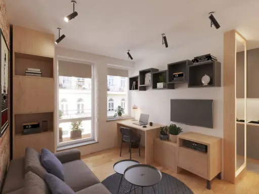 Nowoczesne oświetlenie salonu i aranżacje: sofa, biurko z laptopem, TV, regały i drewniane meble tworzą przytulną przestrzeń.