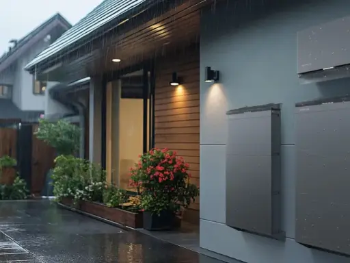 Deszczowa noc. Na ścianie domu zamontowane są nowoczesne magazyny energii. Zastanawiasz się, magazyn energii 5 kw na ile wystarczy?