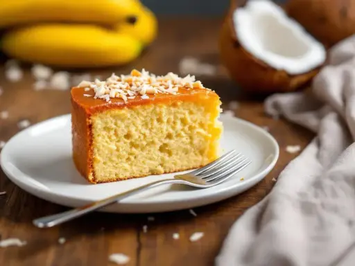Tranche de banana bread moelleux, nappée de caramel et saupoudrée de noix de coco râpée. Des bananes et une noix de coco sont en arrière-plan.
