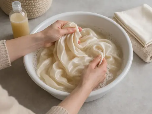 Manos lavando delicadamente una tela de seda color crema en un bol con agua jabonosa. Demostrando que la seda se puede lavar.