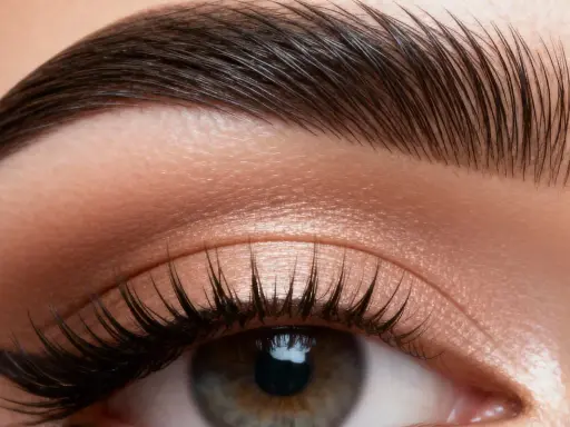 Un œil maquillé avec un eye-liner fin et des cils longs. Les sourcils sont parfaitement coiffés, un effet "brow lift sourcils c'est quoi" pour un regard intense.