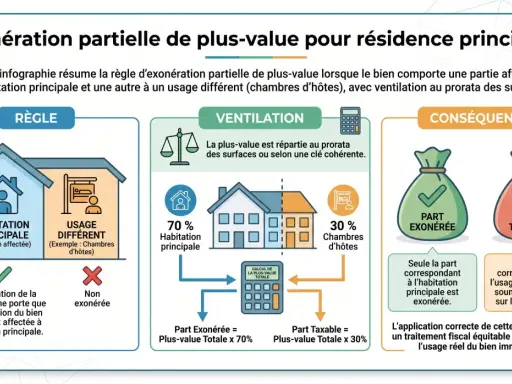 Infographie expliquant l'exonération partielle de plus-value pour une résidence principale avec usage mixte (habitation principale et chambres d'hôtes). La plus-value est calculée au prorata des surfaces.