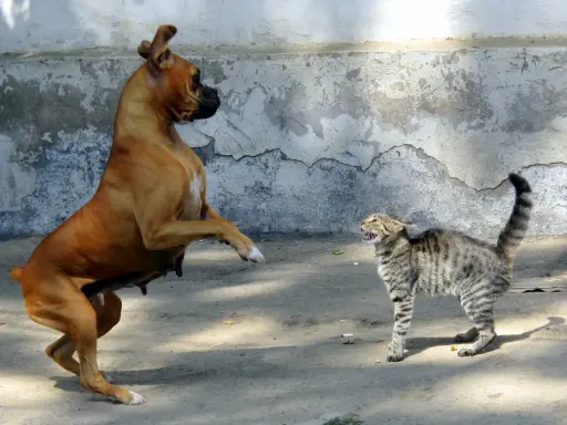 Un boxer si alza sulle zampe posteriori, pronto a combatti o fuggi, mentre un gatto tigrato sibilante si prepara a difendersi.