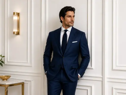 A man in a sharp, navy pinstriped tuxedo stands confidently, hands in pockets.