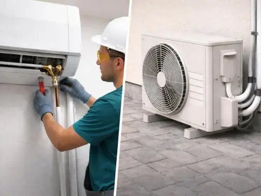 Técnico instala unidad interior de aire acondicionado, mostrando cómo se instala un aire acondicionado. Unidad exterior en patio.