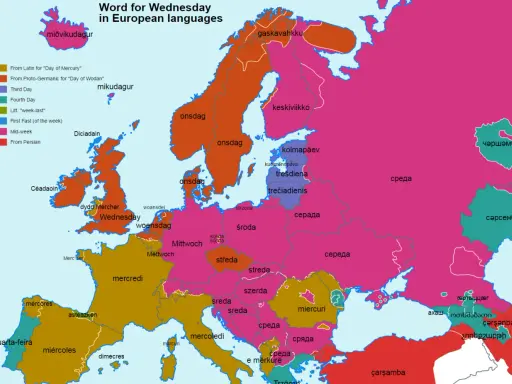 Kto wymyślił dni tygodnia? Mapa pokazuje nazwy środy w Europie: od Merkurego, Wodana, trzeciego dnia tygodnia, środka tygodnia, czy ostatniego dnia postu.
