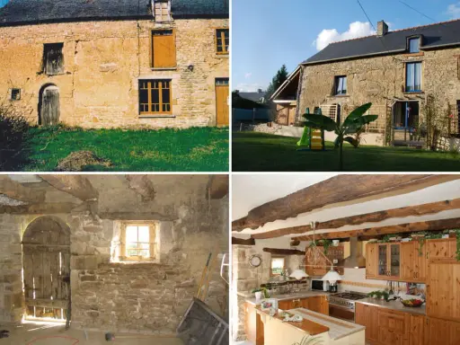 Collage avant/après : maison ancienne délabrée et jardin, puis cuisine rénovée et jardin fleuri.