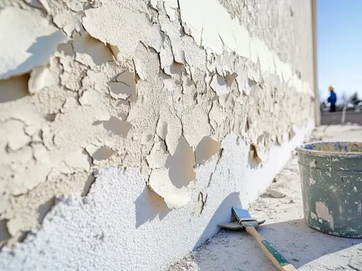 Le **enduit qui se décolle** sur un mur extérieur, prêt pour une rénovation. Un pinceau et un seau de peinture sont à proximité.