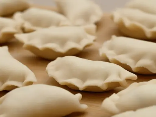 Surowe pierogi z jagodami leżą na drewnianej desce, gotowe do gotowania.