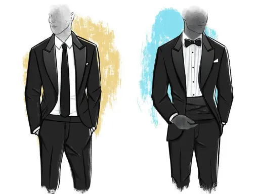 Two figures in tuxedos. One wears a tuxedo with a regular tie, the other a tuxedo with a bow tie and cummerbund.