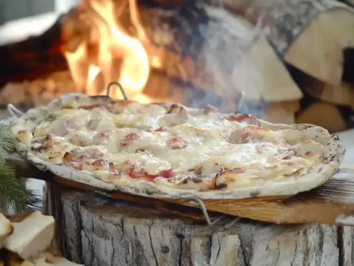 Flammekueche dorée et fumante, garnie de lardons et de fromage fondant, cuite au feu de bois.